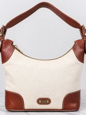 Bally Vintage Canvas Leather Shoulder Bag Cream Brown Zip Top Quiet Luxury Italy